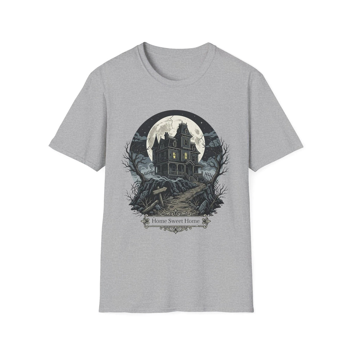 Haunted Victorian House T-Shirt | Gothic Mansion, Moonlit Graveyard