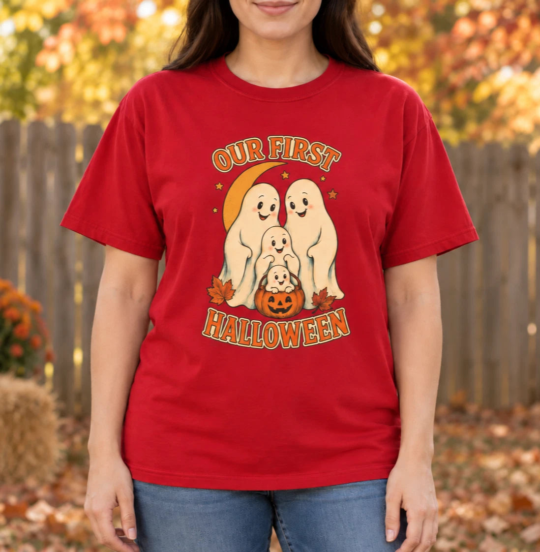 Our First Halloween Shirt, Retro Ghost Family Graphic, Adult Unisex Cotton Tee