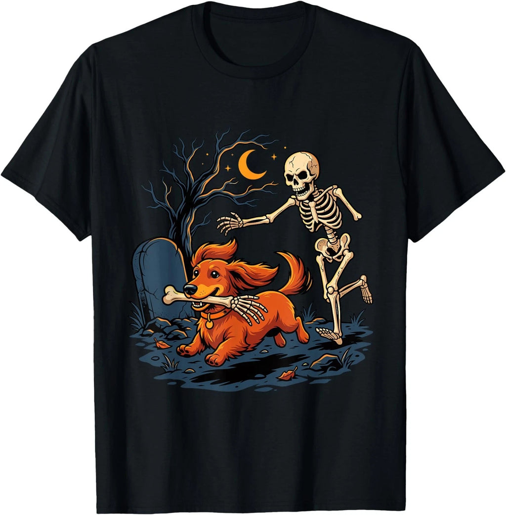 Funny Dachshund Stealing Skeleton Arm Spooky Halloween Doxie T-Shirt