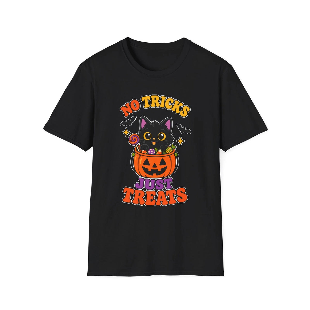 No Tricks Just Treats Cute Cat Pumpkin Candy Spooky Graphic Halloween T-Shirt