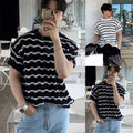 Men's Hollow Detail Short Sleeve T Shirt Retro Wave Jacquard Knit Street Style