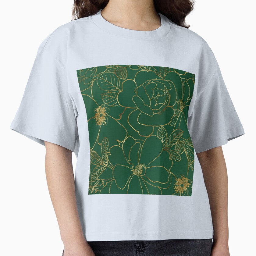 Elegant Green Gold Roses Floral Line Drawing by NdesignTrend