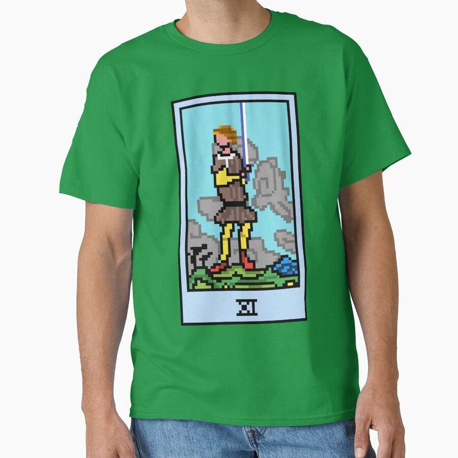 Wait, is this pixel art tarot? Green - Minor Arcana 'Page of Swords' (Design for T-shirt, stickers and other accessories) by Pixel Waite