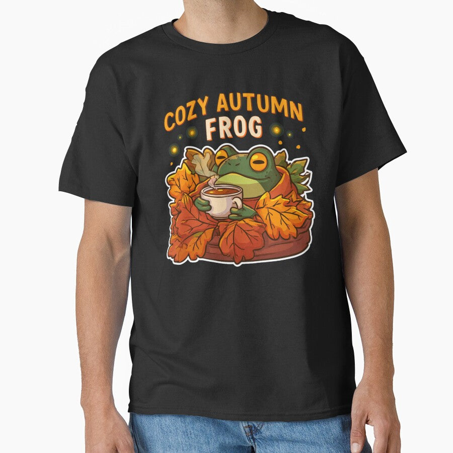 Cozy Autumn Frog - Cute Frog in Fall Leaves with Tea by AceEye