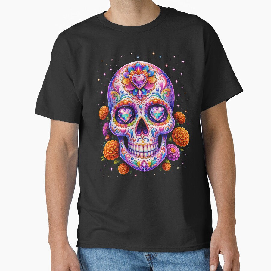 Rainbow Sugar Skull with Jeweled Hearts by Victor Shadehorn