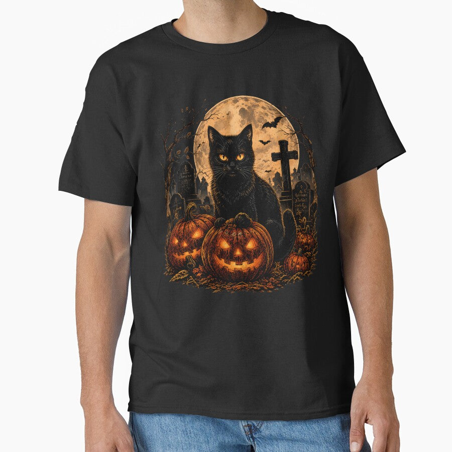 Black Cat Pumpkin Halloween Vintage Gothic Graveyard Moon Design by JessArty ⭐⭐⭐⭐⭐