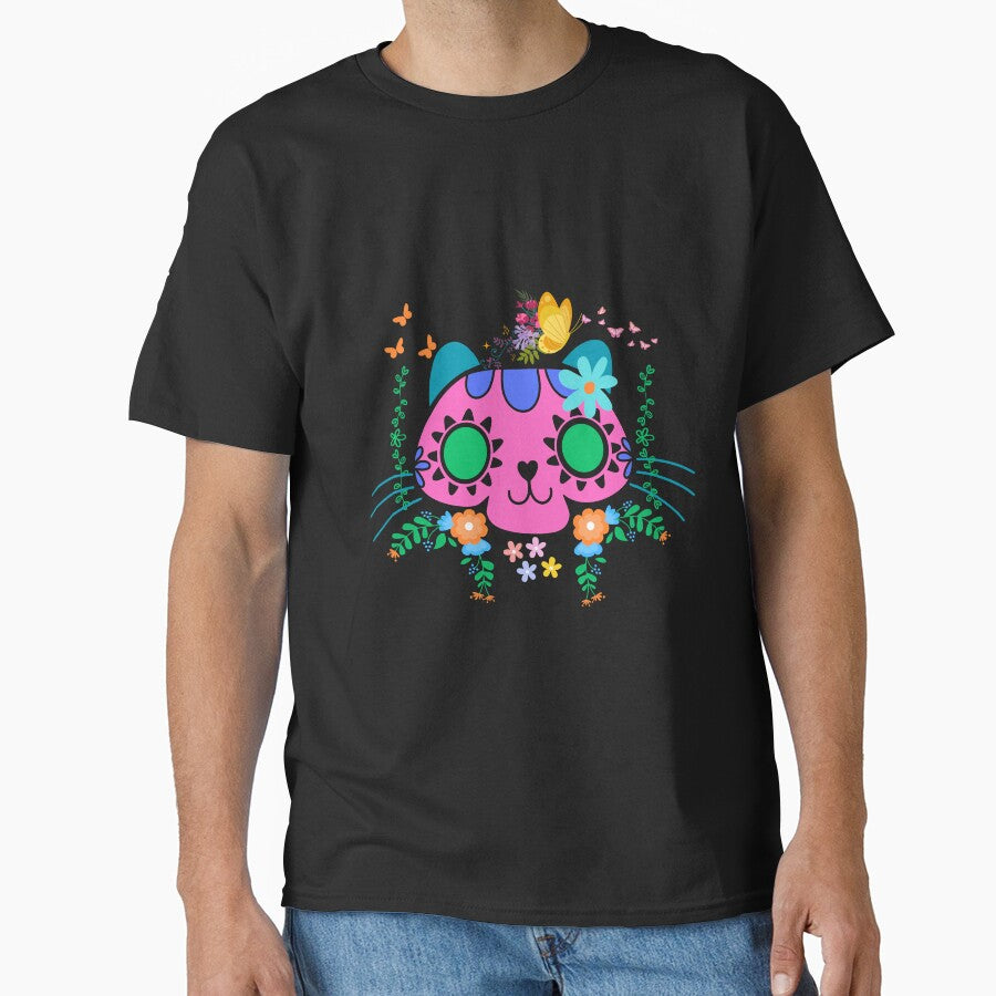 Colorful Floral Sugar Skull Cat with Butterflies by WhimsyWolfDsgns