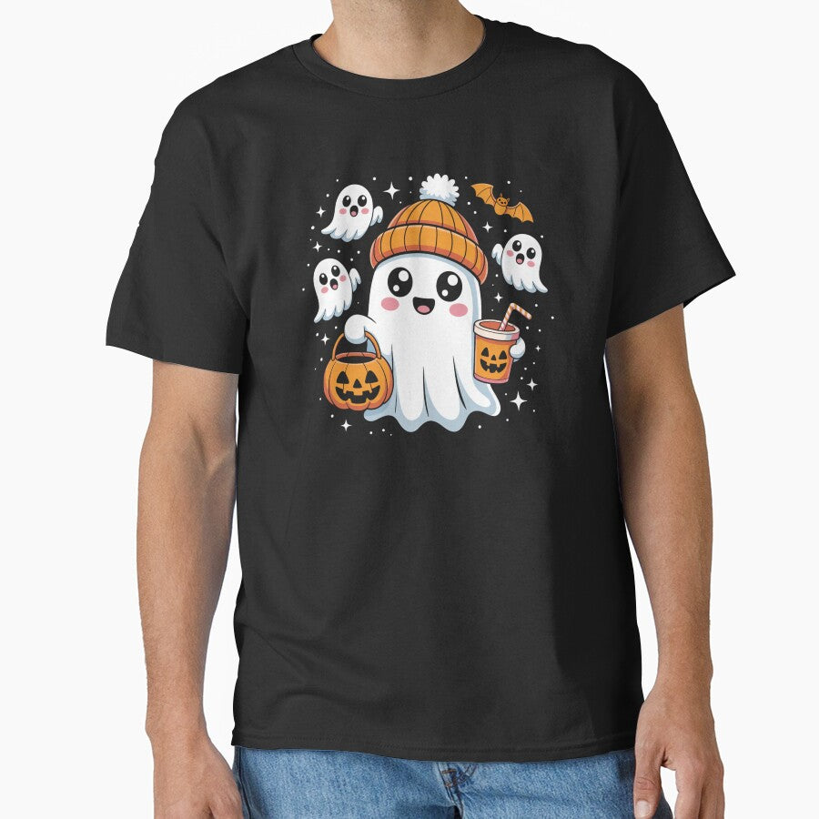 Cute Kawaii Ghost with Pumpkin and Coffee Funny Halloween Design by CharismaSklep
