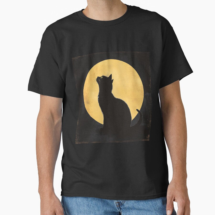 Black Cat Golden Full Moon Silhouette Vintage Aesthetic Art by GrinGalore