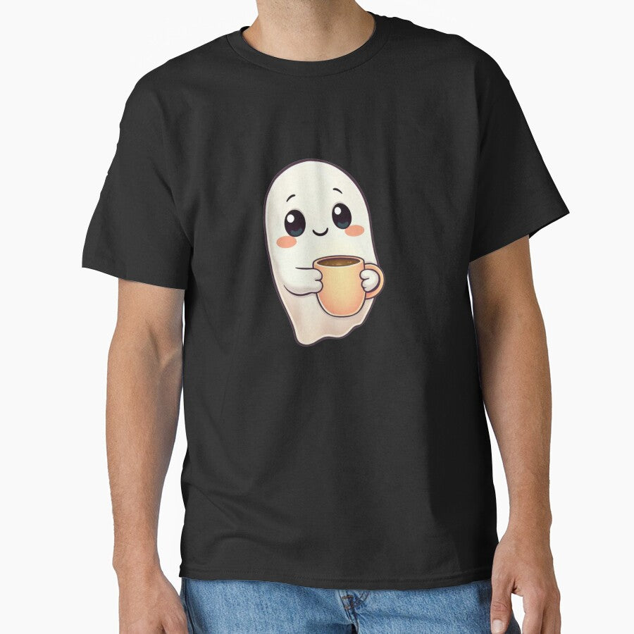 Cute Kawaii Ghost with Coffee ☕ – Cozy Pastel Cartoon Ghost Sticker & POD Design by CozyPops