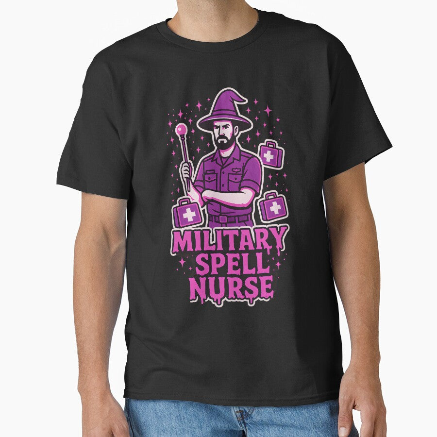 Military Spell Nurse – Halloween Wizard T-Shirt for Male Military Nurses – Spooky Neon Pink Purple DesignPrison Medical Tools – Male Prison Nurse Design by ClinicalHubs
