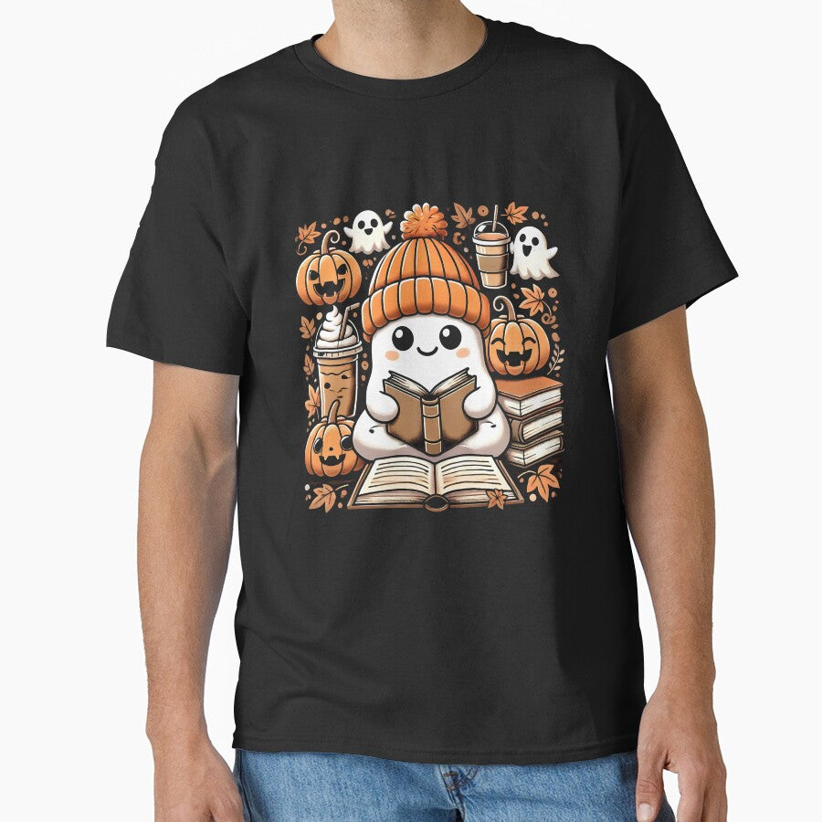 Cute Ghost Reading Books Pumpkin Coffee Halloween Shirt by Nalin-Design