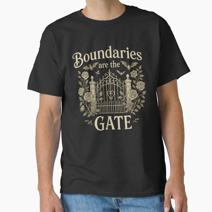 Boundaries Are the Gate – Gothic Garden Gate Quote with Roses & Bats by Mouraludia