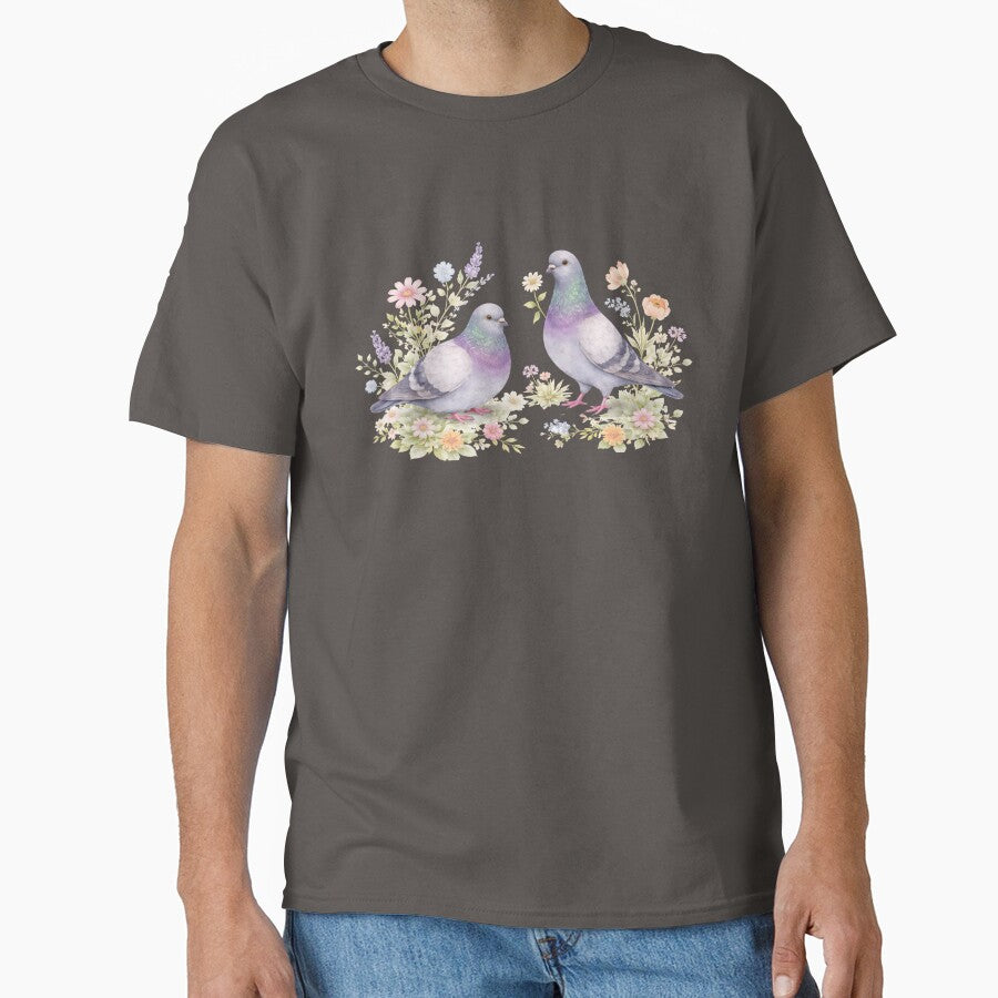Watercolor Pigeon Pair With Wildflowers by azule1