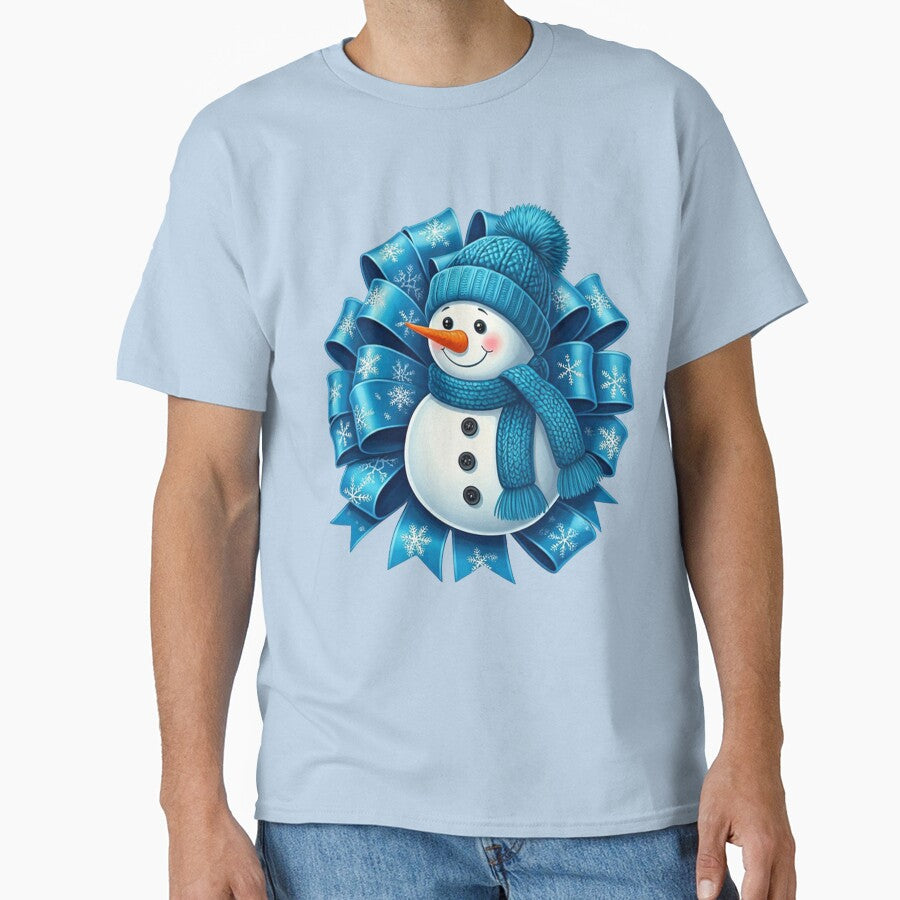 Cheerful Blue Snowman Illustration with Decorative Snowflake Bow | Festive Winter Holiday Art by PixelVibe782