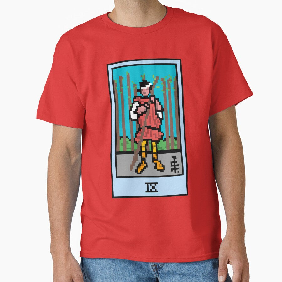 Wait, is this pixel art tarot? Pink - Minor Arcana 'Nine of Wands' (Design for T-shirt, stickers and other accessories) by Pixel Waite