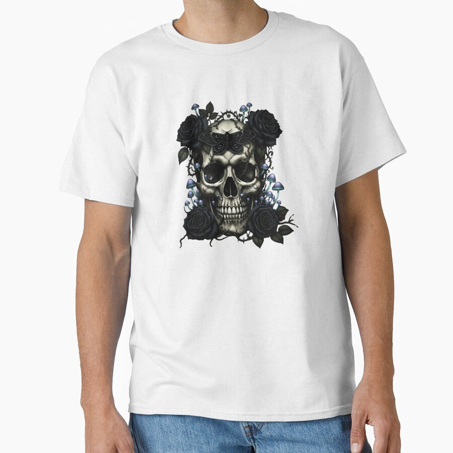 Gothic Skull with Black Roses, Moth & Mushrooms by Dakson Design - Fantasy Art
