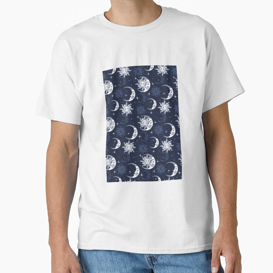 Blue and white sun and moon - celestial pattern by Jenniferagt