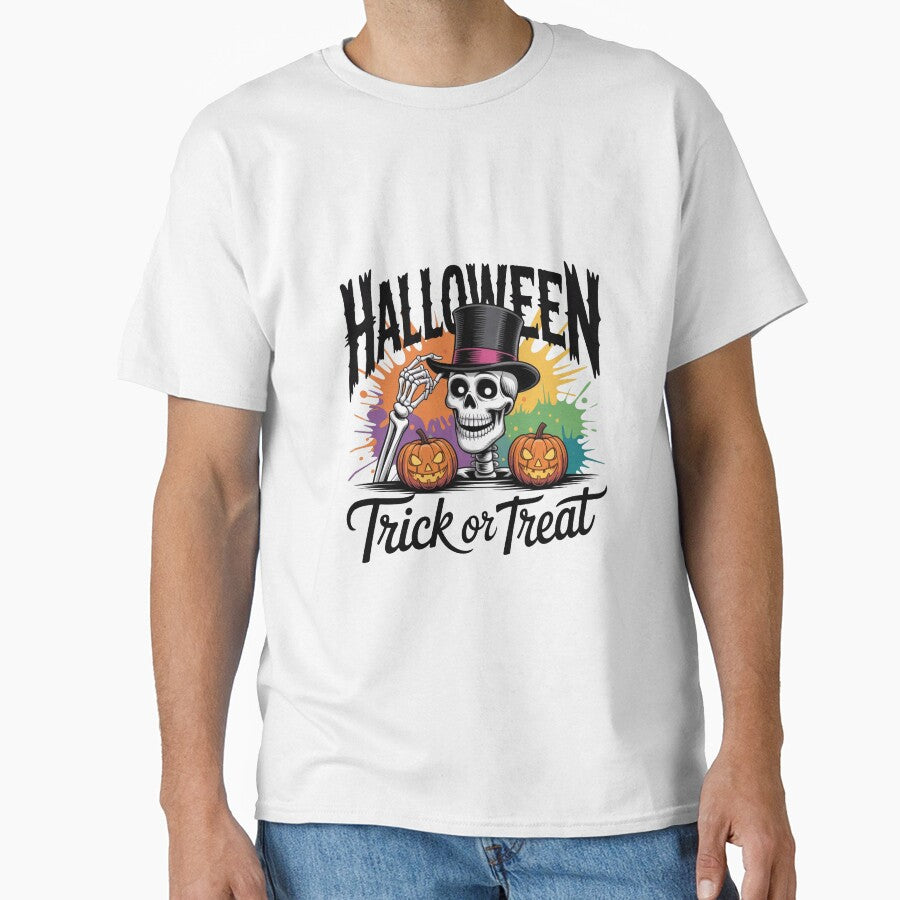 Halloween Trick or Treat Skeleton Design – Spooky Top Hat Skeleton with Pumpkins & Rainbow Splash Artwork by GemBob Creations