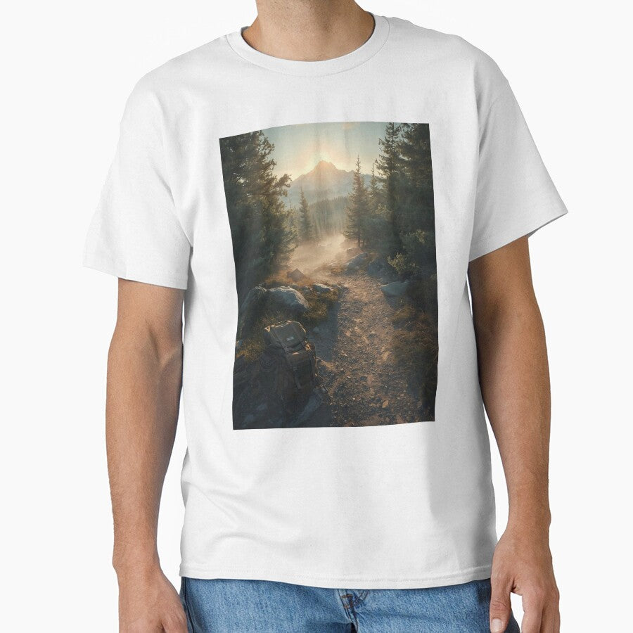 Hiking Trail Sunrise Mountain Backpack T-Shirt | Adventurous Nature Art by Falconwolf