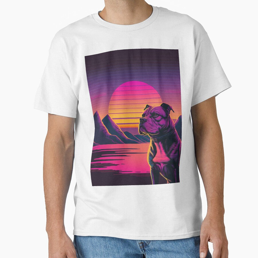 Retro sunset pit bull, 80s retro art, dog lovers, Art deco house - by CreativeHabbit