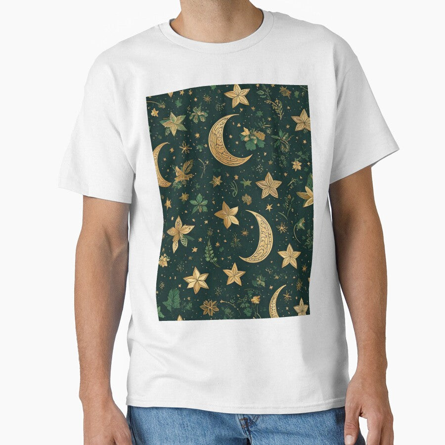 Celestial inspired pattern of gold stars, crescent moons and tiny clovers by Designbes