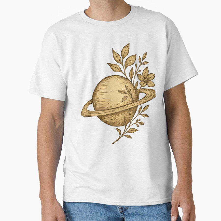 Organic Universe – Vintage Illustration of a Planet with Botanical Elements by Jean S Santos