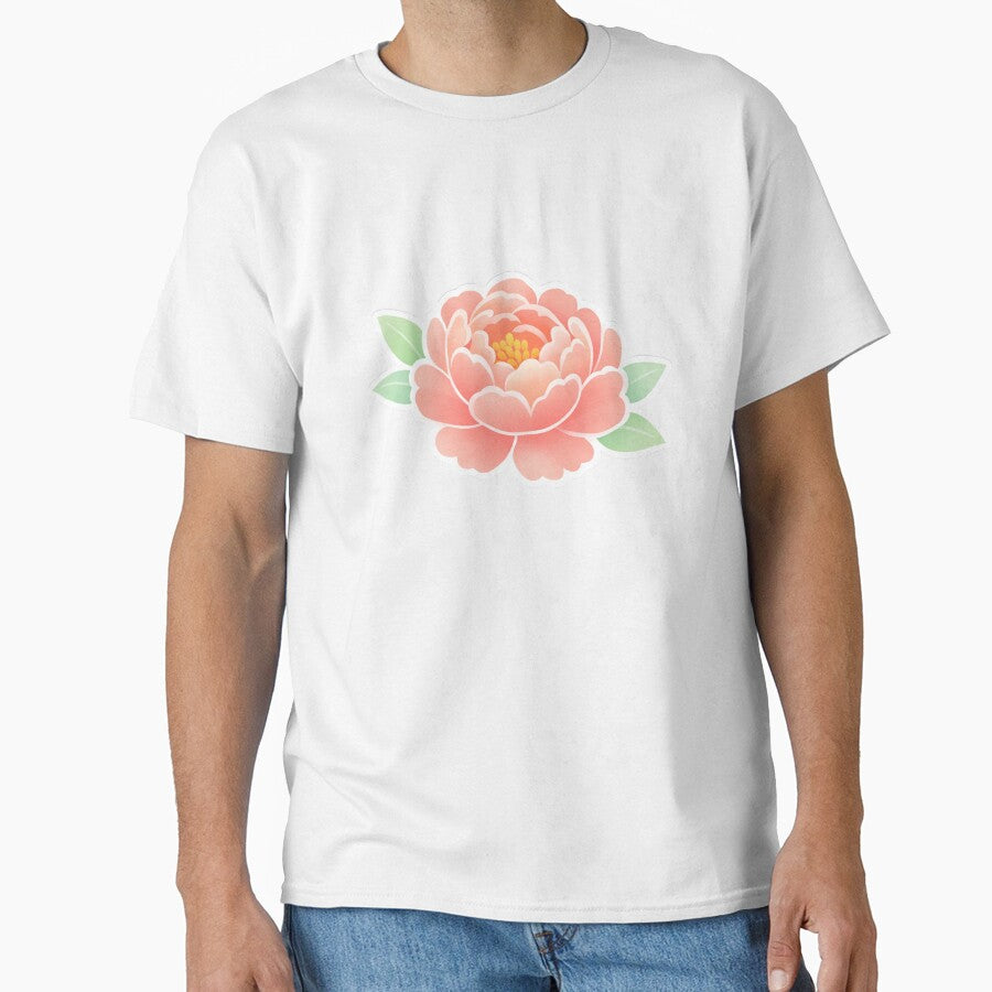 Blooming Peony Flower with Leaves Soft Coral Pink Botanical Floral by Owcomm