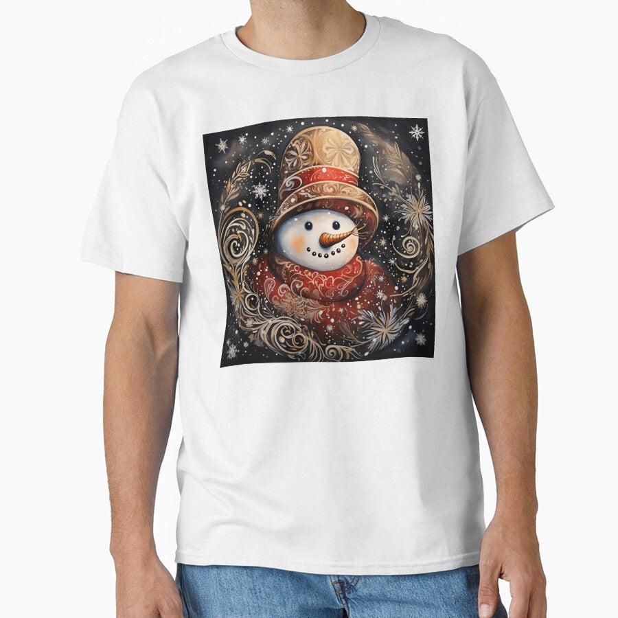 Nostalgic snowman drawing with swirling snowflakes prin by dcrc