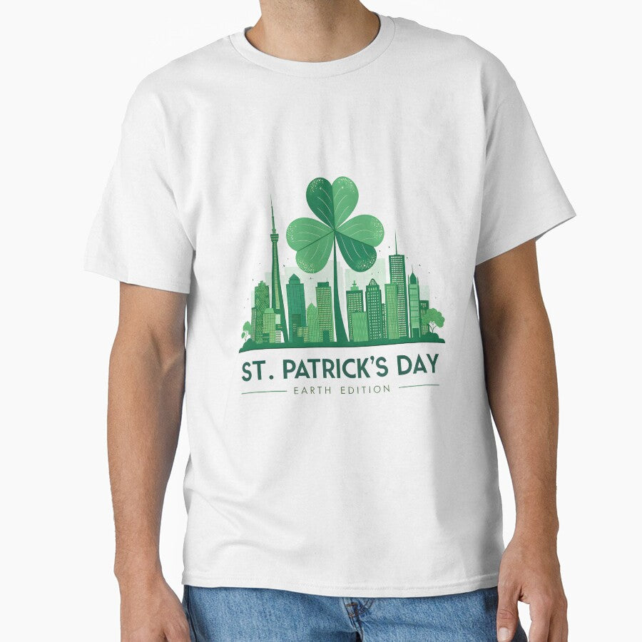Eco-Friendly St. Patrick's Day Urban Skyline T-Shirt - Green City Earth Edition by AnnDesignStudio