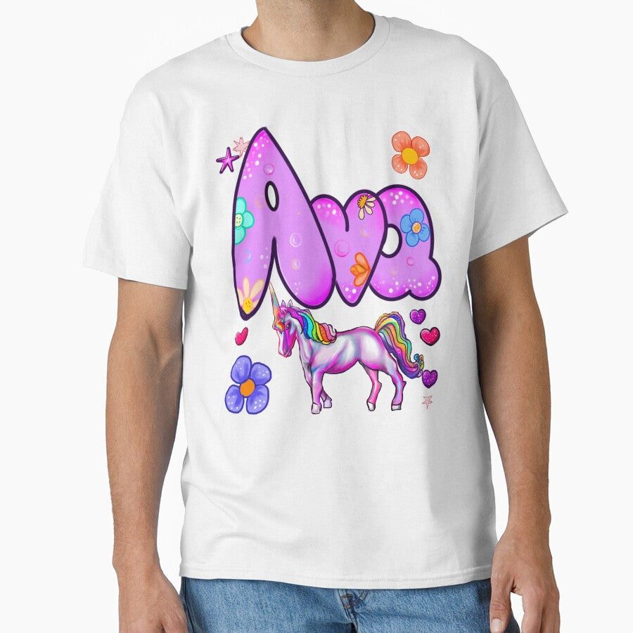 Ava Name Design – Aesthetic Purple Floral with Cute Unicorn Illustration by Artonmytee