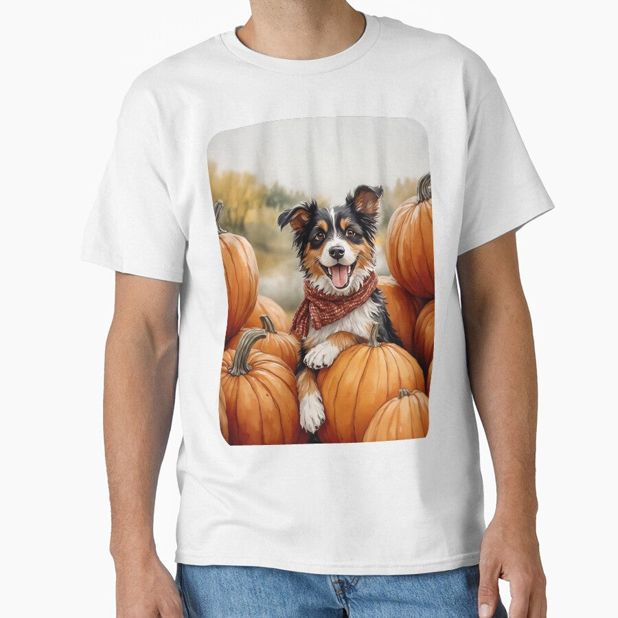 Aussie Pumpkin Patch Dog Autumn Watercolor by Magnolia Valley Art
