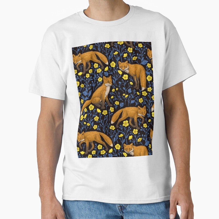 Foxes and buttercups on black by Katerina Mitkova Kirilova