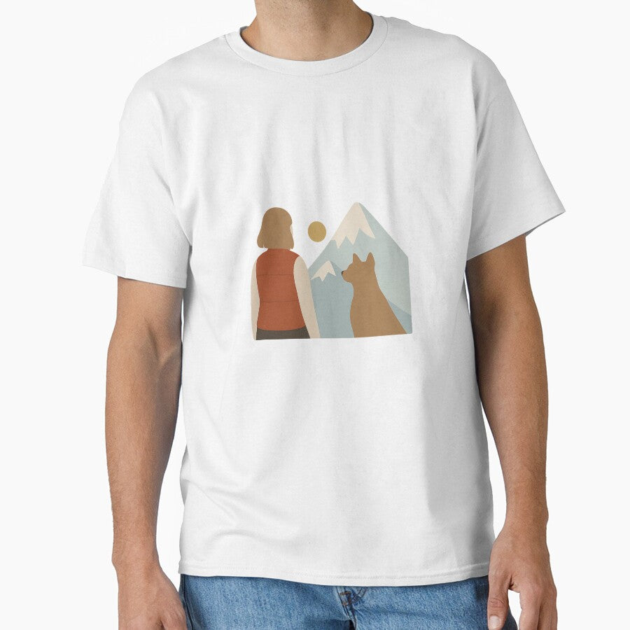 Woman and Dog Looking at Mountains Illustration by Wandertrace