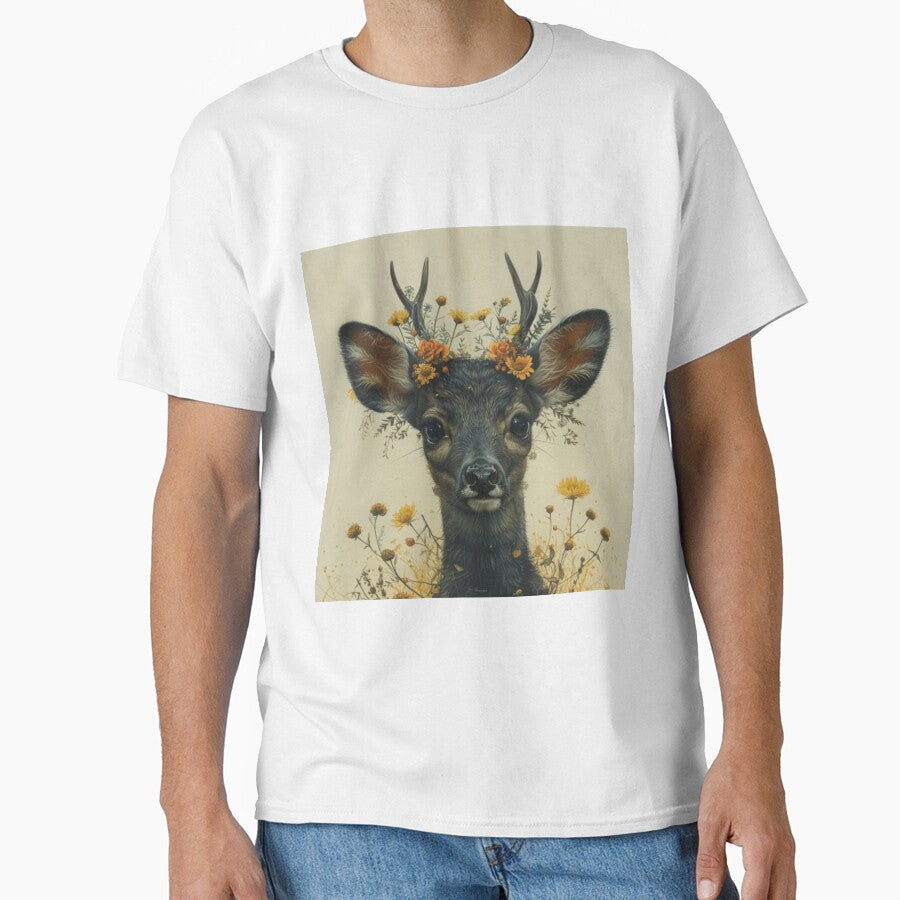 Regal Deer Illustration Tee, Blossoming Buck Scene Gift, Majestic Deer Silhouette by Terry-Salsa