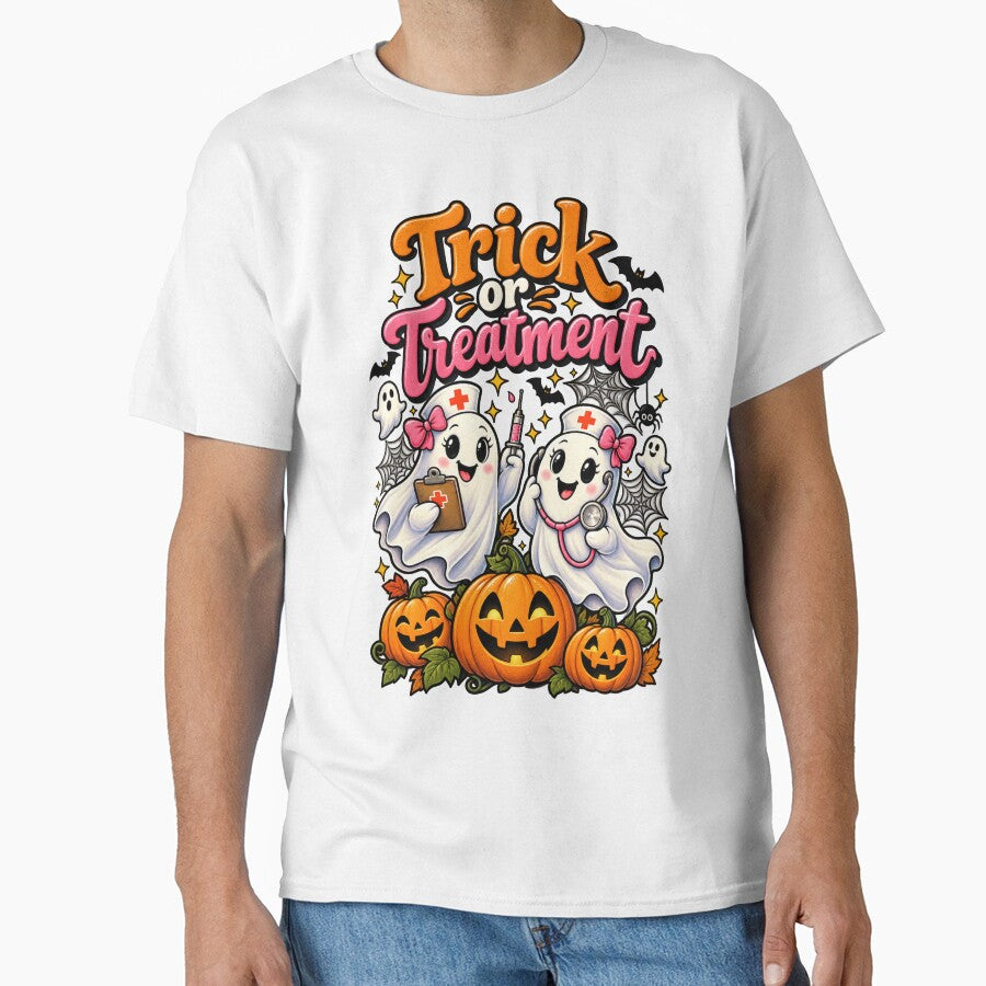 Trick Or Treatment Funny Halloween Ghost Nurse Pun by Lombardino