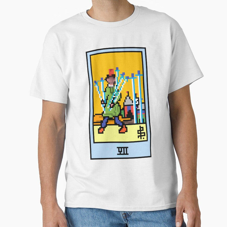 Wait, is this pixel art tarot? White - Minor Arcana 'Seven of Swords' (Design for T-shirt, stickers and other accessories) by Pixel Waite