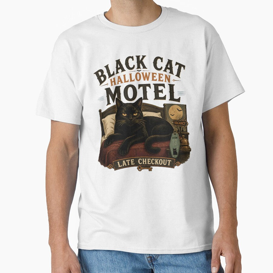 BLACK CAT HALLOWEEN MOTEL Late Checkout Halloween Vintage Screen Print by KristenosNehk