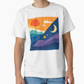 Geometric Sun and Crescent Moon Landscape by InkSmithery