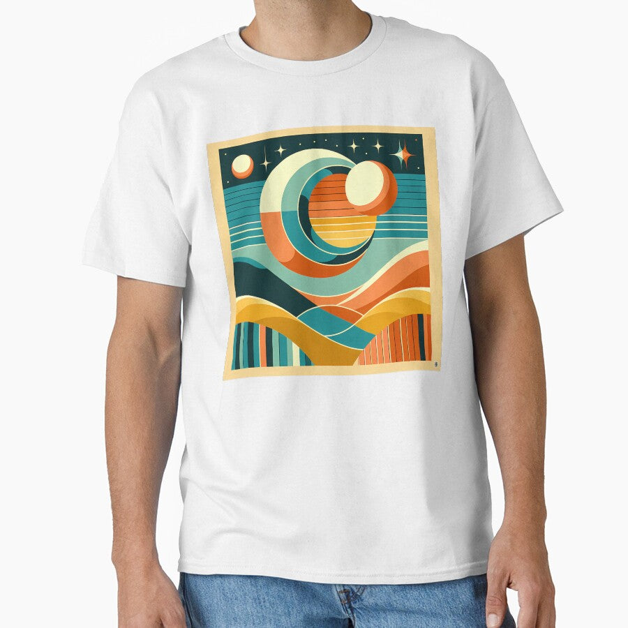 Geometric Sun and Moon Over Abstract Desert by InkSmithery
