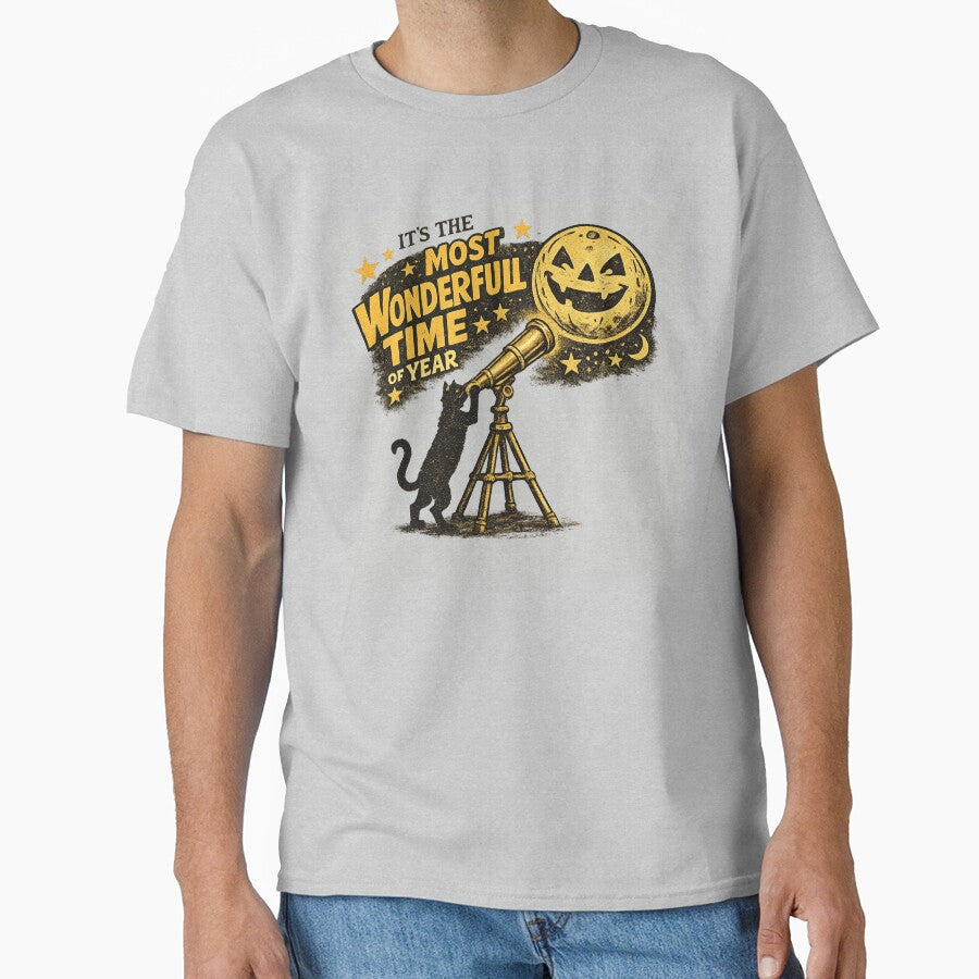 Vintage Black Cat Telescope Halloween by POD DYNASTY | Original Print On Demand T-Shirt Graphics