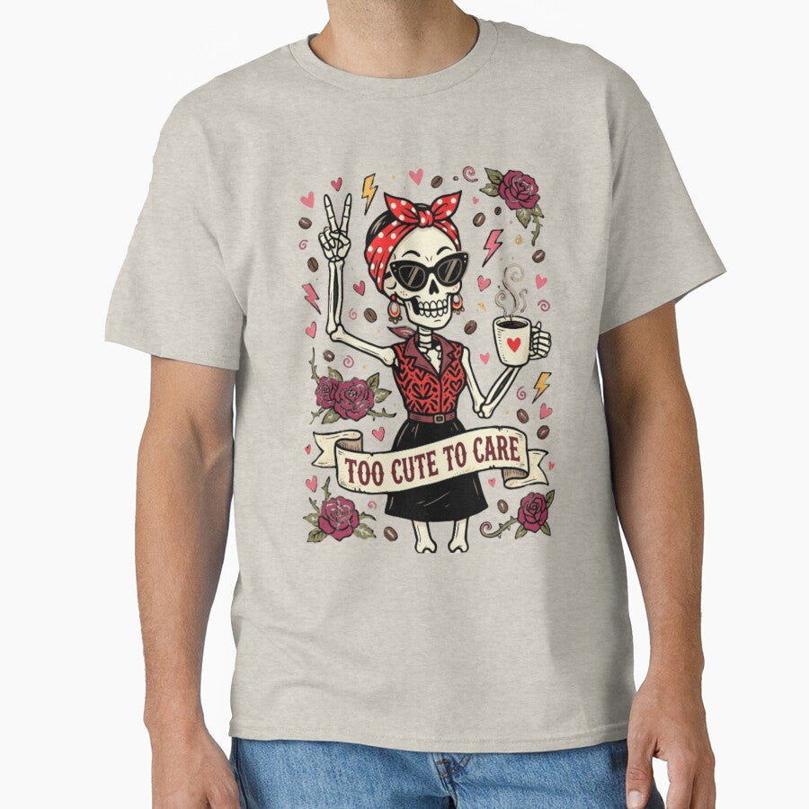 Too Cute to Care Funny Skeleton Messy Bun Graphic by w66aboo