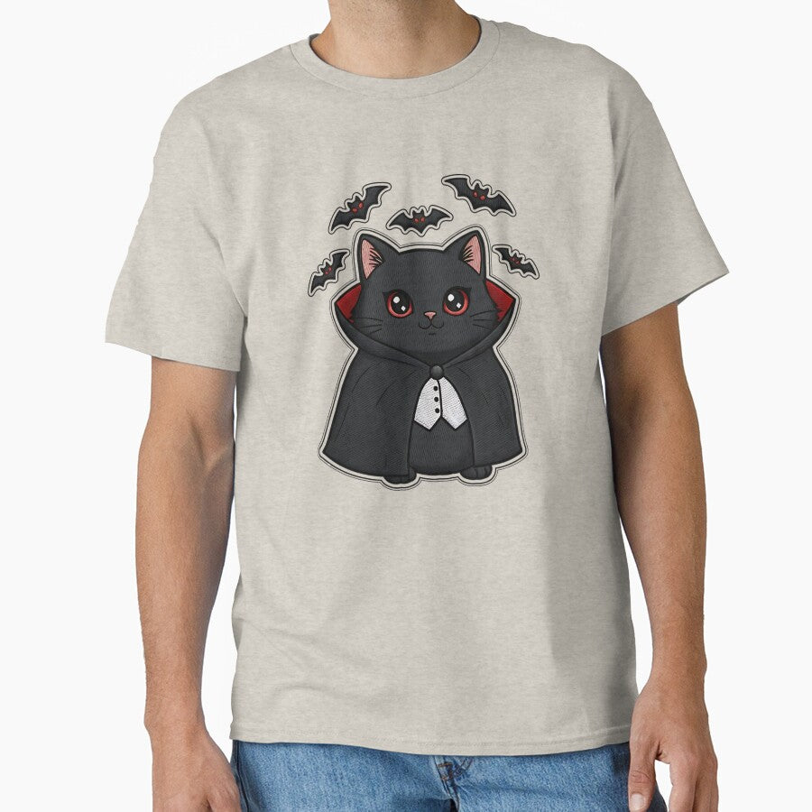 Cute Black Cat Halloween Vampire Costume Bats Spooky Art by ArtDesignTp