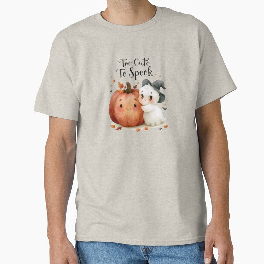 Too Cute To Spook Kawaii Ghost Hugging Pumpkin Halloween T-Shirt Design by Zabolotna_Art
