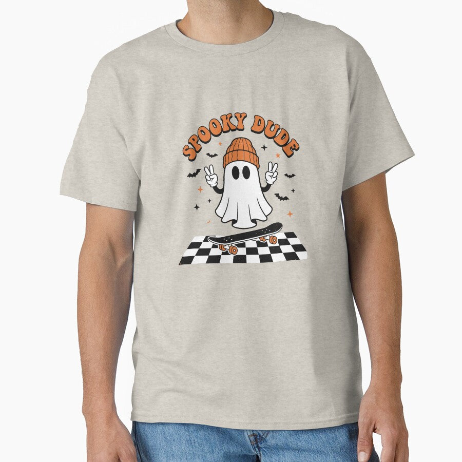 Spooky Dude Ghost Skateboarding T-Shirt, Retro Halloween Skater Autumn Tee by imad  triake