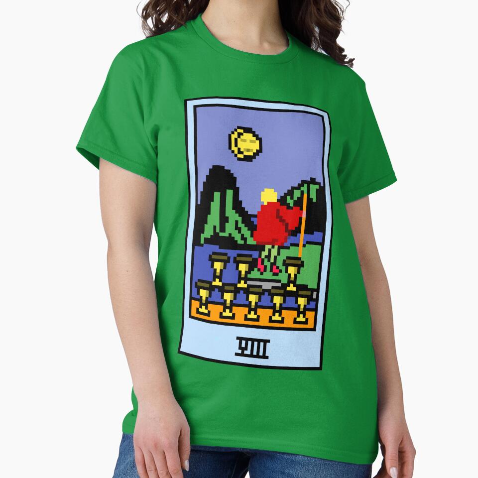 Wait, is this pixel art tarot? Green - Minor Arcana 'Eight of Cups' (Design for T-shirt, stickers and other accessories) by Pixel Waite