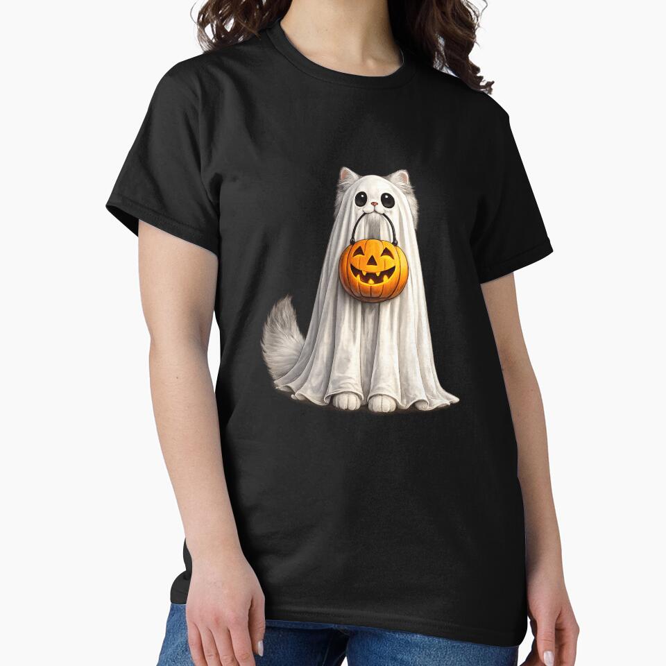 Cute Ghost Cat Halloween Pumpkin Trick or Treat Kitty Shirt by HectorStore11