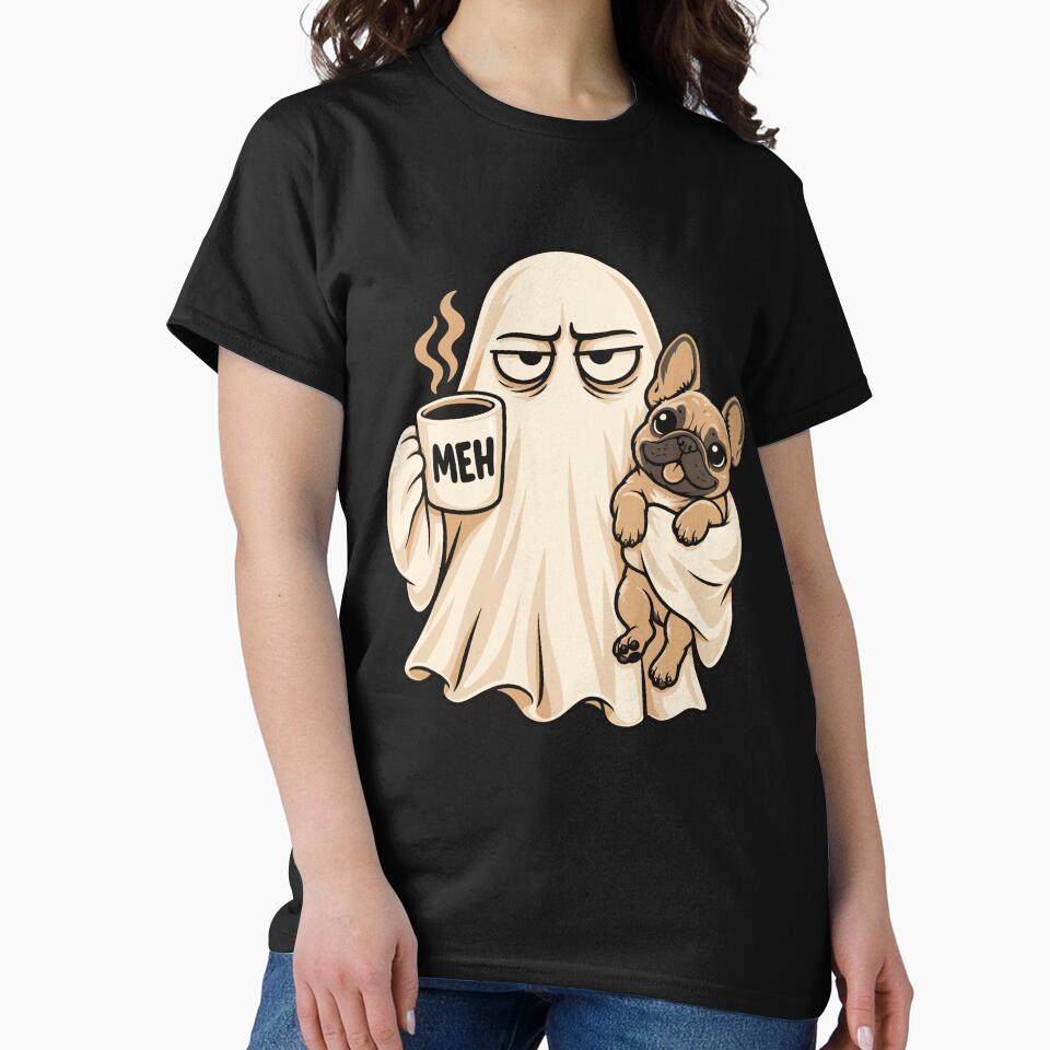 Grumpy Ghost With French Bulldog Funny Halloween Meh Coffee Dog Lover by PixelForge Studio2