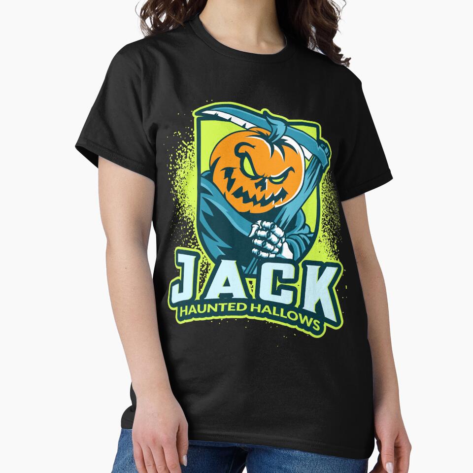 Haunted Hallows Hayrides Jack the Reaper Halloween Tee by davestees506