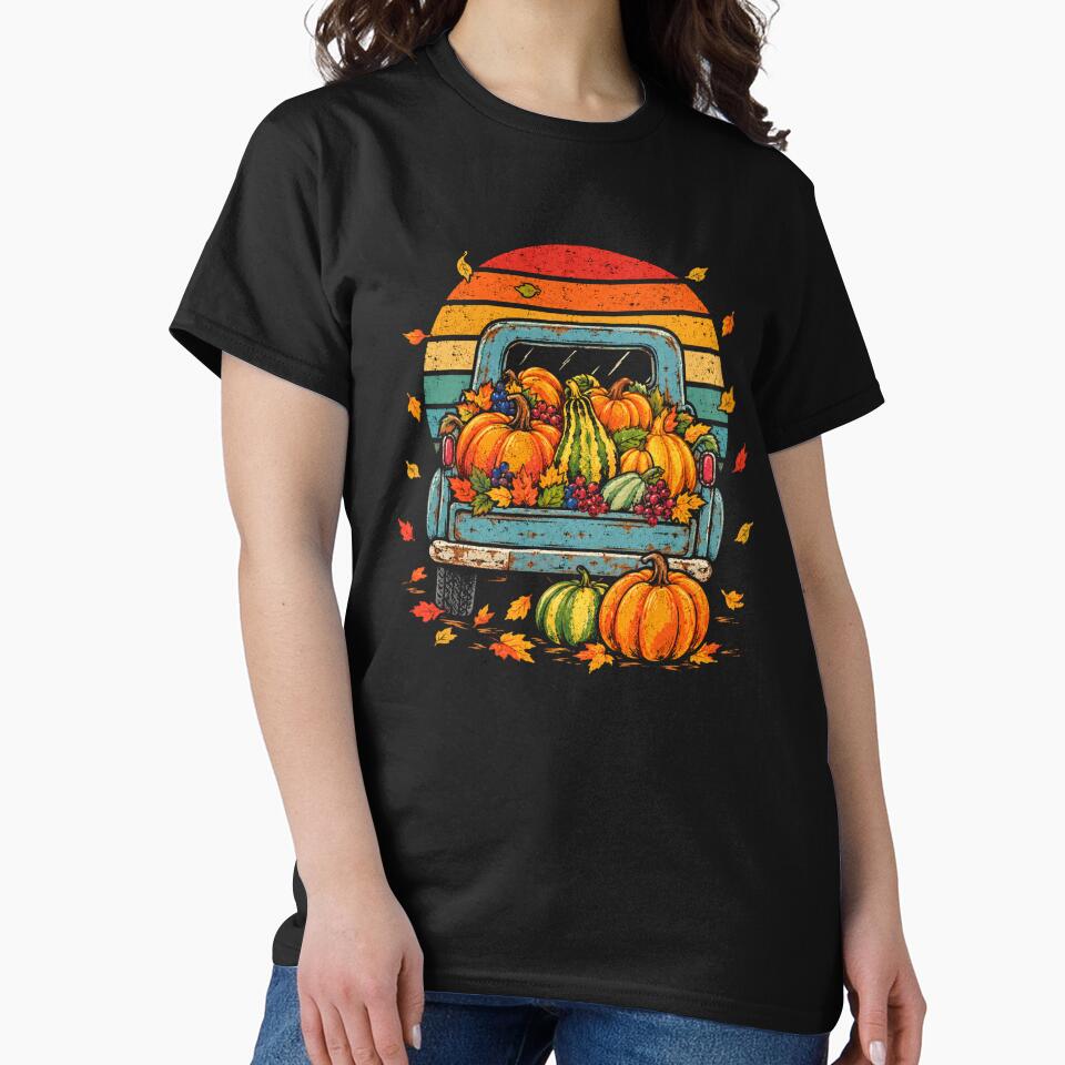 Retro Autumn Pumpkin Harvest Vintage Pickup Truck by Moizento